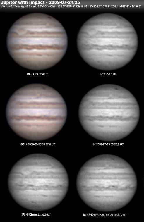Même les astronomes amateurs ont pu photographier l'impact de 2009, comme en témoigne cette planche d'images réalisées avec une caméra CCD et un télescope de 254 millimètres de diamètre. Crédit Marc Delcroix