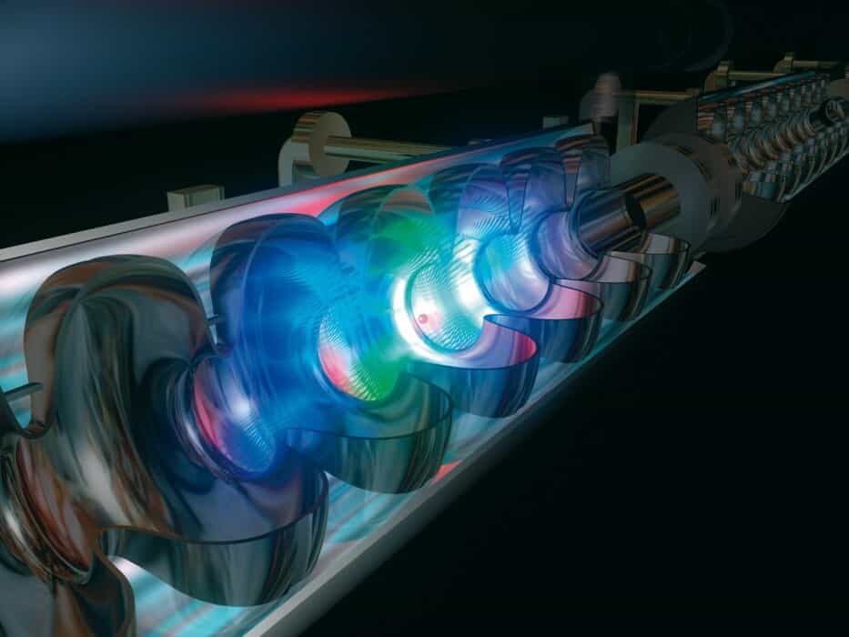 Une vue d'artiste des cavités accélératrices supraconductrices en niobium accélérant les électrons dans le laser Flash. Crédit : Hasylab
