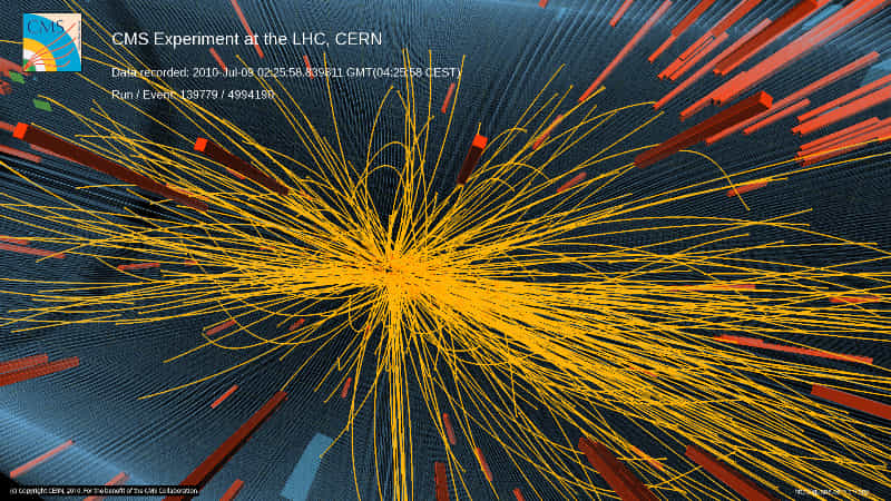 Image d’une collision proton-proton à 7 TeV dans CMS avec production de plus de 100 particules chargées. Crédit : Cern