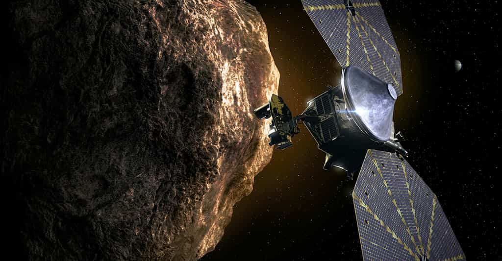 Lucy sera la première mission dédiée à l’exploration des astéroïdes troyens. Et en 2027, elle survolera Eurybates, un astéroïde autour duquel orbite une petite lune. © Nasa