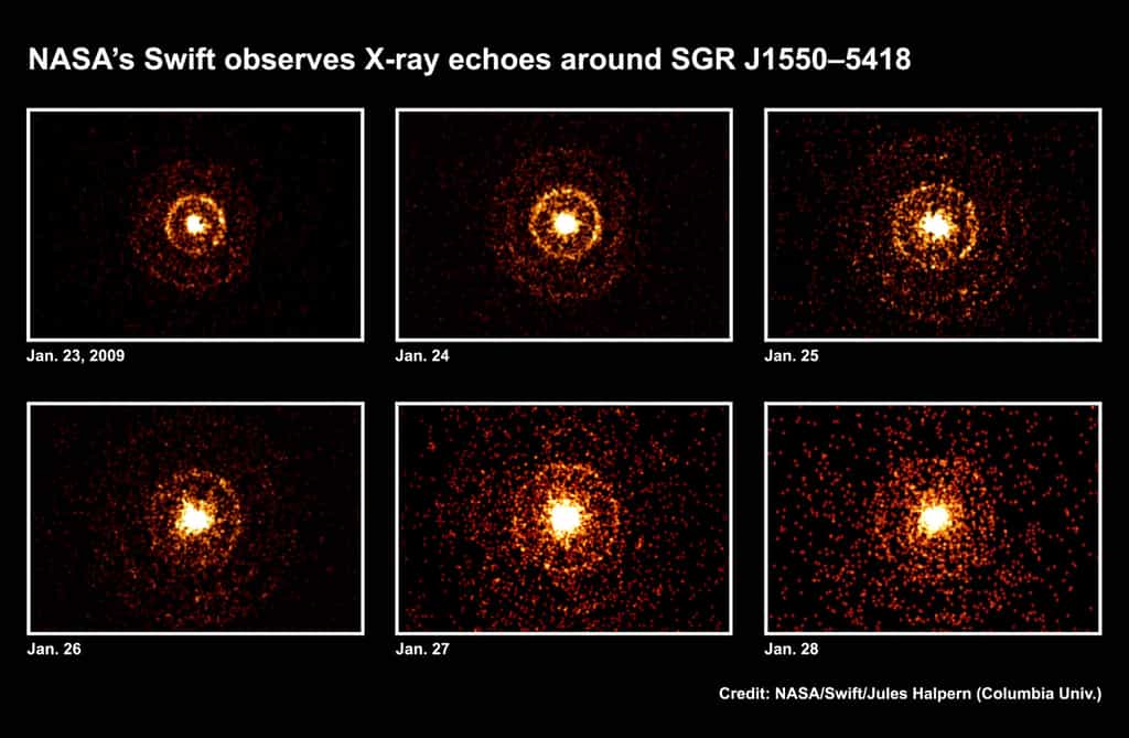 Cette suite d'images prises par Swift sur une période de quelques jours montre la progression de flashes de rayons X provoquant l'illumination de nuages de gaz et de poussières entourant le magnétar SGR J1550-5418. Crédit : Nasa/Swift/Jules Halpern