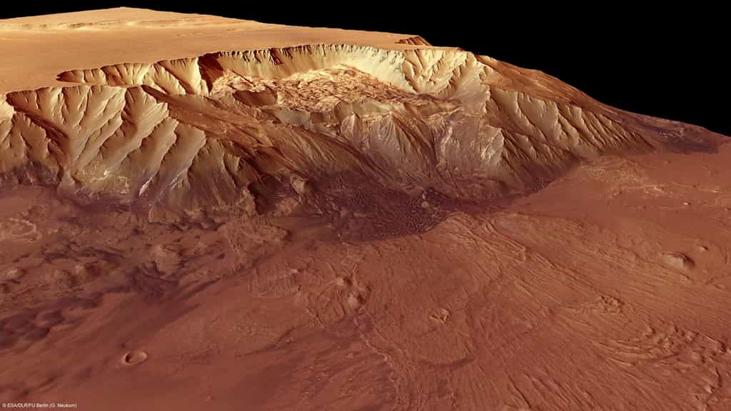 Reconstitution du dénivelé du canyon de Melas Chalma grâce aux images de la caméra stéréoscopique de Mars Express. 
© Esa/DLR/FU Berlin/G. Neukum
