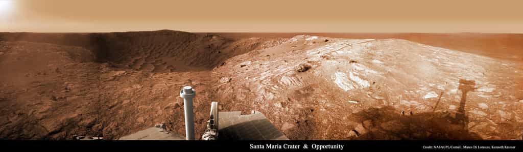 Opportunity face au cratère Santa Maria. © Mars Exploration Rover Mission/Nasa/JPL/Cornell/Marco Di Lorenzo/Kenneth Kremer