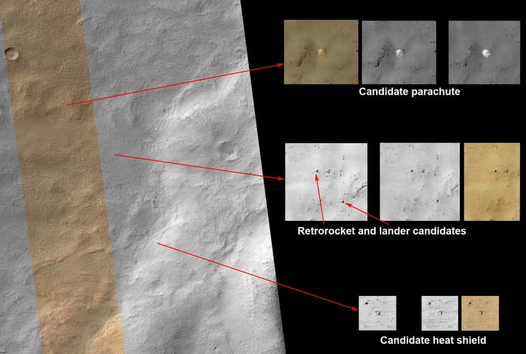 Photographié en haute résolution par l'orbiteur MRO, le fond du cratère martien Ptolémée révèle des irrégularités que des passionnés d'astronautique russes ont associées avec les restes de la mission soviétique Mars 3, qui posa pour la première fois un engin terrestre sur la Planète rouge en 1971. © Nasa, JPL-Caltech, université d’Arizona