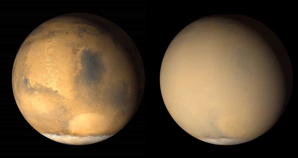 Deux images prises en 2001 par Mars Global Surveyor montrent un changement dramatique dans l'apparence de la Planète rouge lorsqu'une tempête de poussière initiée dans l'hémisphère sud de Mars est devenue planétaire.&nbsp;À gauche, une image à partir de fin juin 2001 révèle des conditions claires sur une grande partie de la planète, avec une tempête de poussière se produisant dans le bassin Hellas (lumineux caractéristique ovale) près du bord de la calotte polaire sud.&nbsp;À droite, une image en juillet 2001 montre la planète presque complètement enveloppée par la tempête de poussière qui s'étend à des altitudes de plus de 60 kilomètres. © Nasa