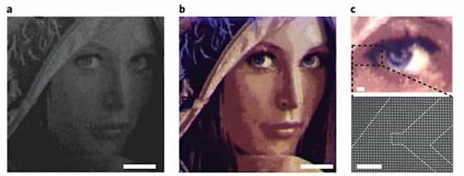 Malgré les apparences, la résolution de l'image de ce visage de femme est un véritable exploit. Il ne mesure que 50 micromètres de largeur et de longueur et est doté d’une résolution de 100.000 ppp (dpi). Cette résolution est dix fois supérieure à celle que peut réaliser l’imprimante laser la plus performante du moment. Ci-dessus, les micrographies optiques de l'image, avant (a) et après (b) le dépôt de métal. En c, une micrographie optique d'une partie agrandie de l'image, sur laquelle on peut voir la précision des détails et le rendu des couleurs qui composent l'œil. L'échelle en blanc représente 10 micromètres. © A*Star
