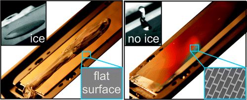 À gauche, une surface métallique parfaitement lisse : elle givre. À droite, la même surface porteuse d’un motif microscopique : elle ne givre pas. CQFD. © Joanna Aizenberg et al./ACS Nano