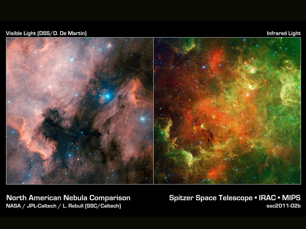 Comparaison de deux images de la nébuleuse NGC 7000, à gauche dans le visible, à droite la vision de Spitzer dans l'infrarouge. © Nasa/JPL-Caltech/L. Rebull (SSC-Caltech)