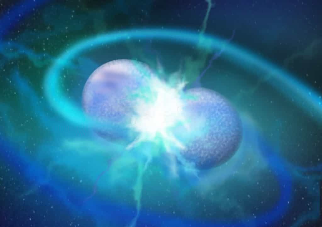 Sur cette vue d’artiste, une collision entre deux étoiles naines blanches comme celle que les astronomes pensent pouvoir être à l’origine du nouveau type d’étoiles qu’ils ont observé. © Nicole Reindl, Université de Tübingen