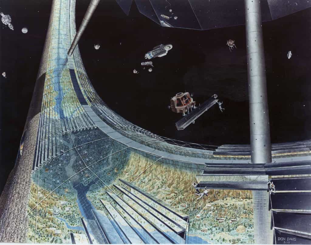 Un exemple des projets de colonie spatiale (ici le concept de planète creuse de Gerard O'Neill) étudiés au début des années 1970 pour permettre à l'humanité de repartir sur de nouvelles bases, débarrassées des archaïsmes du passé et préparer la colonisation des étoiles. Crédit : NASA Ames Research Center
