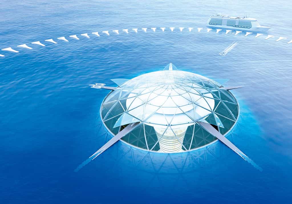 La partie émergée de la sphère d'habitation d'Ocean Spiral, avec ses zones portuaires. Cette ambitieuse étude entend démontrer qu'il est possible de vivre sous la mer en exploitant ses ressources d'une manière raisonnée. © Shimizu