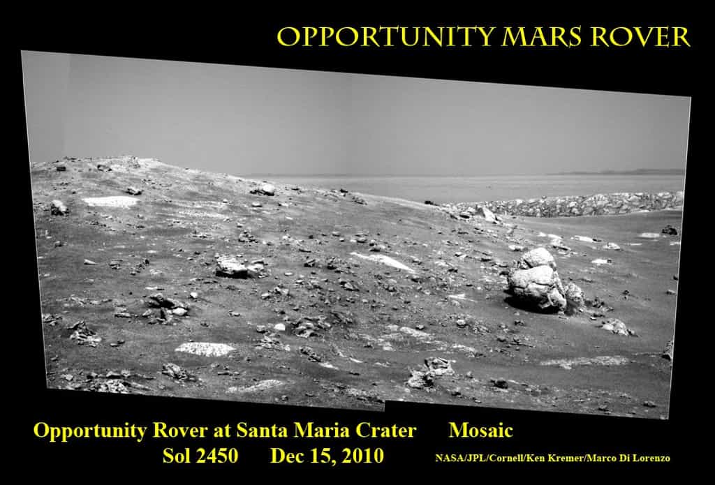 Le 15 décembre, Opportunity nous envoyait une carte postale des environs du cratère Santa Maria où il passera Noël. © Nasa/JPL/Cornell/ Ken Kremer, Marco Di Lorenzo 