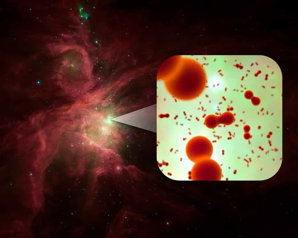 Cette image, avec un schéma montrant des molécules d'oxygène en rouge, illustre la découverte de l'oxygène moléculaire dans des régions de formations d'étoiles de la nébuleuse d'Orion. © Esa/Nasa/JPL-Caltech