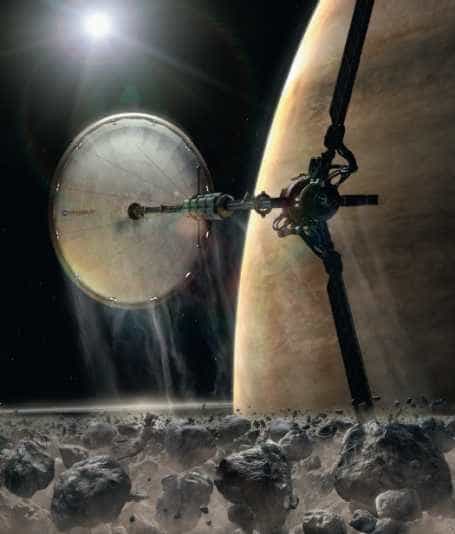 Le vaisseau Pégase en orbite autour de Saturne. Crédit : Impossible Pictures production, BBC, Discovery Channel, ProSieben