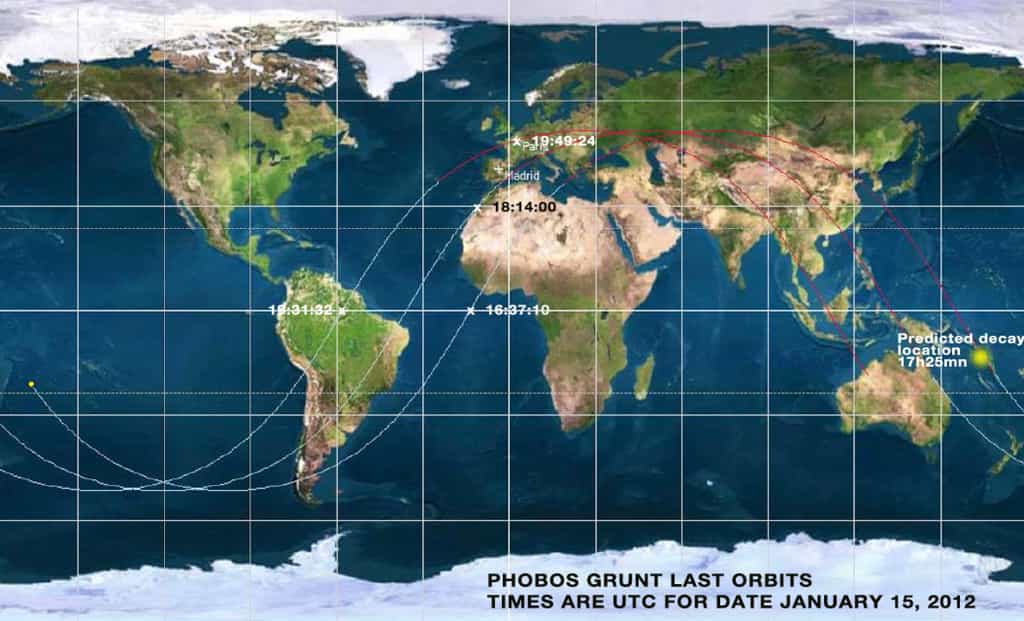 Surveillée par le Commandement stratégique des États-Unis (USSTRATCOM), la rentrée atmosphérique de la sonde Phobos-Grunt (du moins ce qu'il en restait) s'est terminée par un plongeon dans l'océan Pacifique. © USSTRACOM