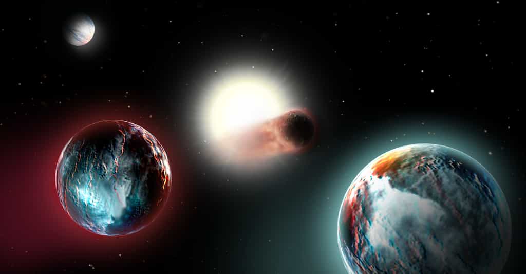 Des astronomes de l’Institut Leibniz d’astrophysique de Potsdam (Allemagne) annoncent que les quatre planètes découvertes récemment autour de l’étoile V1298 Tauri ont peu de chance de réussir à conserver leur atmosphère. Leur soleil est en train de les « cuire ». © J. Fohlmeister, Institut Leibniz d’astrophysique de Potsdam
