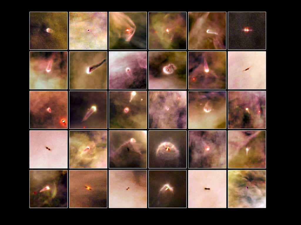 Les photos inédites prises par Hubble dans le visible de 30 disques protoplanétaires dans la nébuleuse d'Orion. Crédit : Nasa/Esa/L. Ricci (ESO)