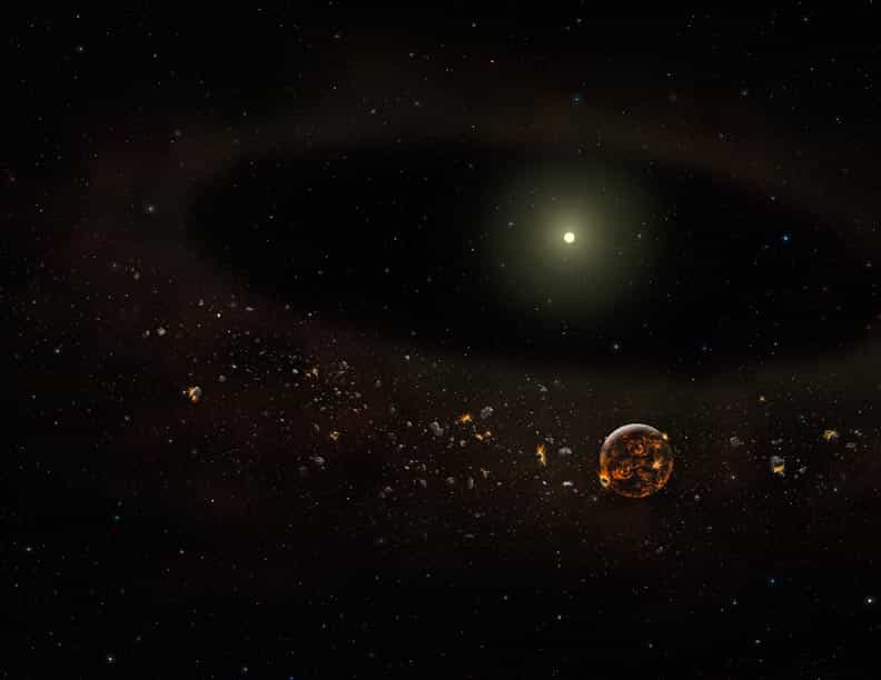 Une vue d'artiste de la jeune étoile&nbsp;TYC 8241 2652 venant de perdre son disque de poussière. Une planète y est visible encore en formation. Cette planète est hypothétique.&nbsp;©&nbsp;Gemini Observatory-Lynette Cook.