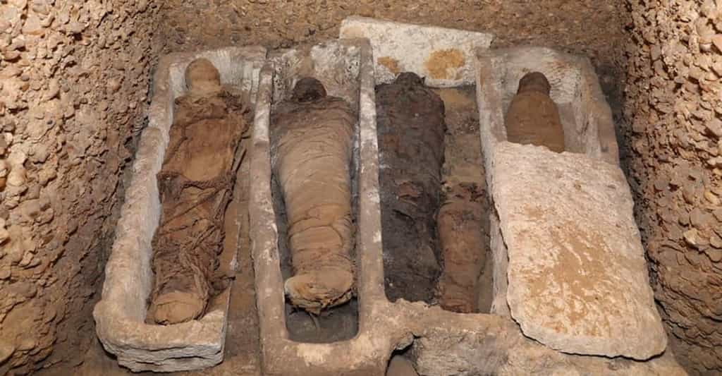 Une quarantaine de momies vieilles de 2.000 ans ont été retrouvées dans un tombeau familial appartenant à la petite bourgeoisie de l’époque ptolémaïque du côté de Touna el-Gebel (Égypte). © Ministère des Antiquités