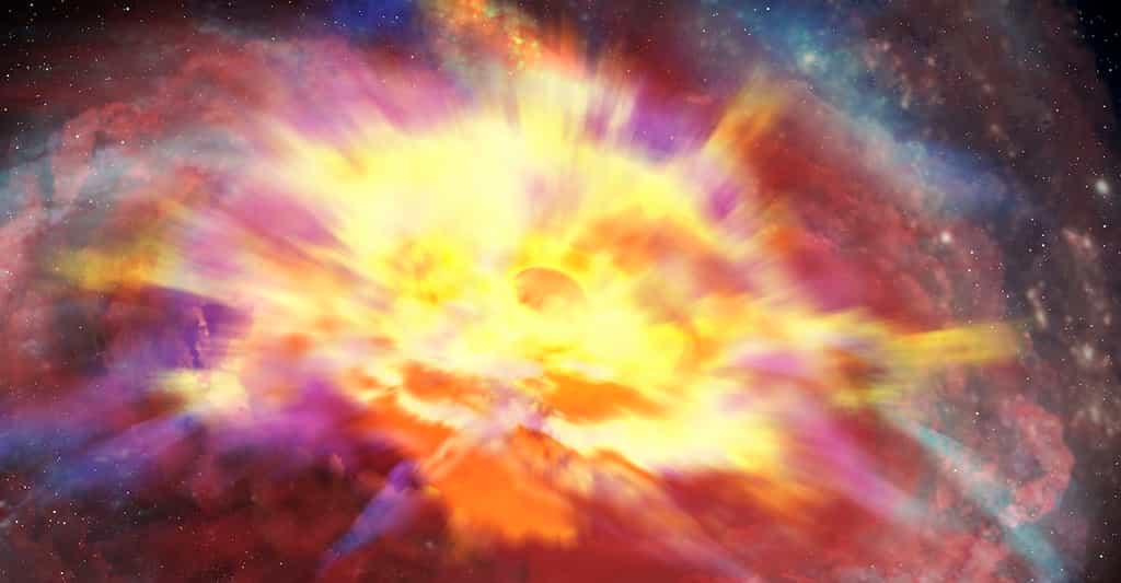 Cette vue d’artiste montre la partie centrale de la galaxie hôte du quasar SDSS J135246.37+423923.5 vu aux longueurs d’onde optiques. Les vents violents et épais qui en émanent obscurcissent notre vue. © International Gemini Observatory/NOIRLab/NSF/AURA/P. Marenfeld