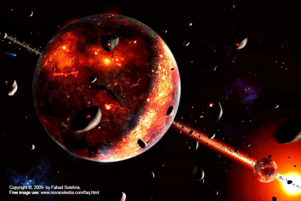 Vue d'artiste de la Terre après sa collision avec Théia. La jeune Lune est visible à droite. Les deux planètes subissaient encore un fort bombardement météoritique, ce qui explique la présence de zones couvertes de magma à leur surface. © Fahad Sulehria