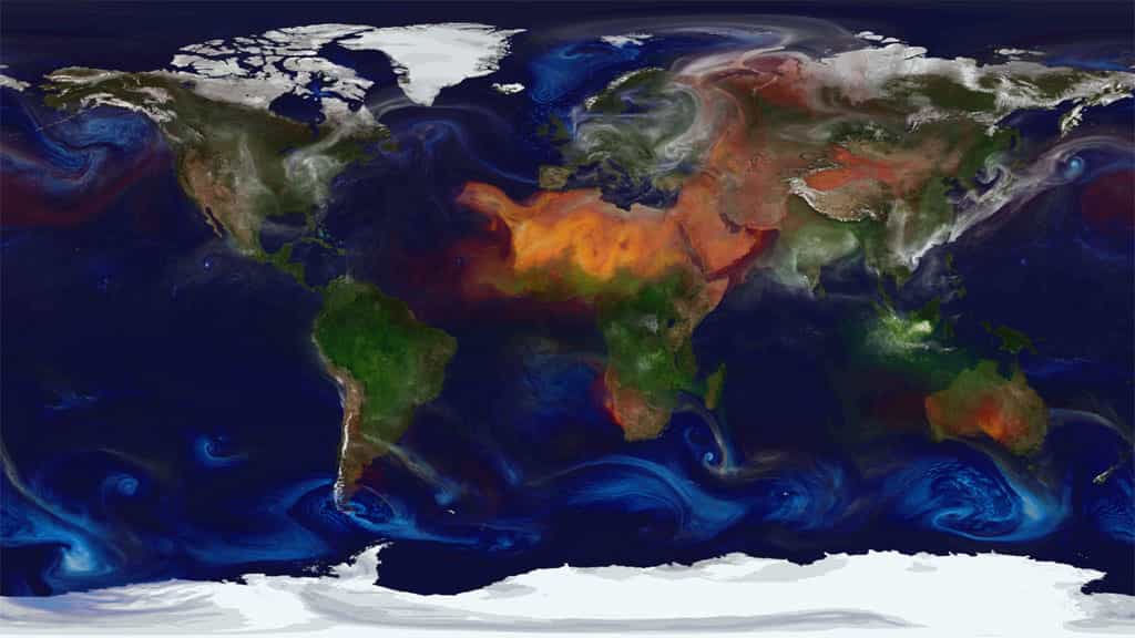 Des vastes incendies sur l'Afrique centrale et l'Australie émettent en masse des aérosols (en vert) dans l'atmosphère. Les vents dans le Sahara propagent en outre d'importantes quantités de poussières. © Nasa 