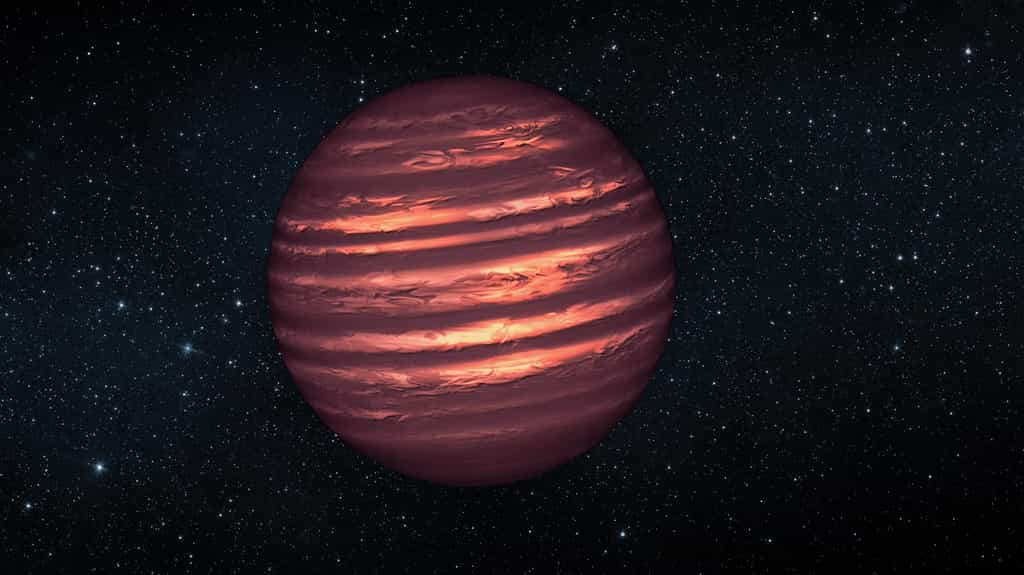 Une vue d'artiste de la naine brune 2MASSJ22282889-431026. Ce n'est pas une planète, même si on pense qu'elle partage des points communs avec des géantes gazeuses comme Jupiter. Elle tourne sur elle-même en 1,4 heure, et des nuages de la taille de la Terre circulent sous l'action des vents. © Nasa, JPL-Caltech, DP 