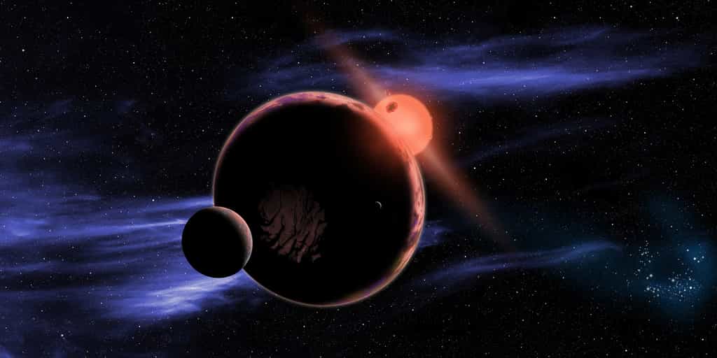 Vue d'artiste d'une exoplanète avec une lune en orbite autour d'une naine rouge. Ces étoiles vivant plus longtemps que notre Soleil, elles pourraient abriter des civilisations âgées de plusieurs milliards d'années déjà. Mais les jeunes naines rouges sont souvent colériques, ce qui rend un peu problématique l'estimation des chances de développement d'une vie complexe sur une exoterre en orbite autour d'une telle étoile. © David A. Aguilar, CfA