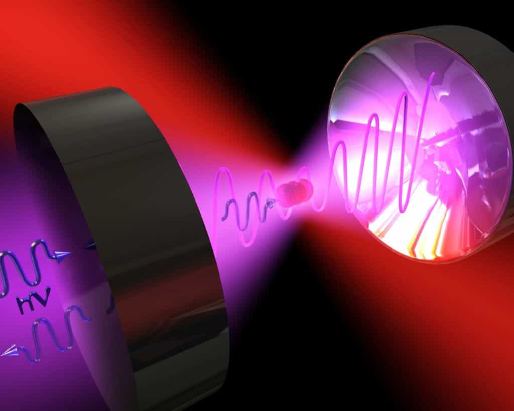 Une vue d'artiste de l'expérience proposée pour réaliser, avec des lasers, un virus de Schrödinger. Crédit : Romero-Isart 