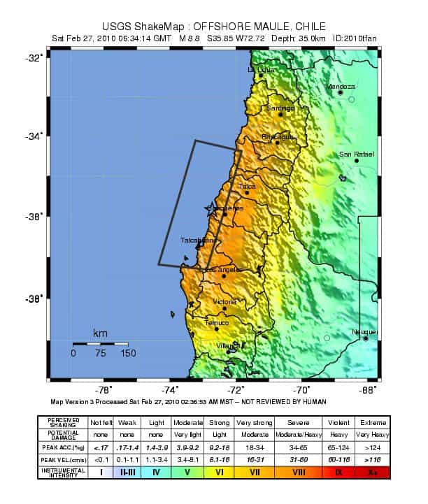 Une carte de la répartition de la magnitude des secousses au Chili pour le séisme du 27 février 2010. L'intensité augmente du bleu au rouge. Crédit : U.S. Geological Survey