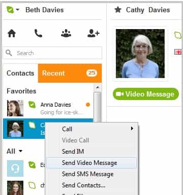 Lorsque l’on clique sur un contact Skype, l’option « message vidéo » apparaît sous la forme d’un nouveau bouton. À l’heure où nous écrivons ces lignes, la mise à jour de la version française du logiciel n’était pas encore disponible. © Skype