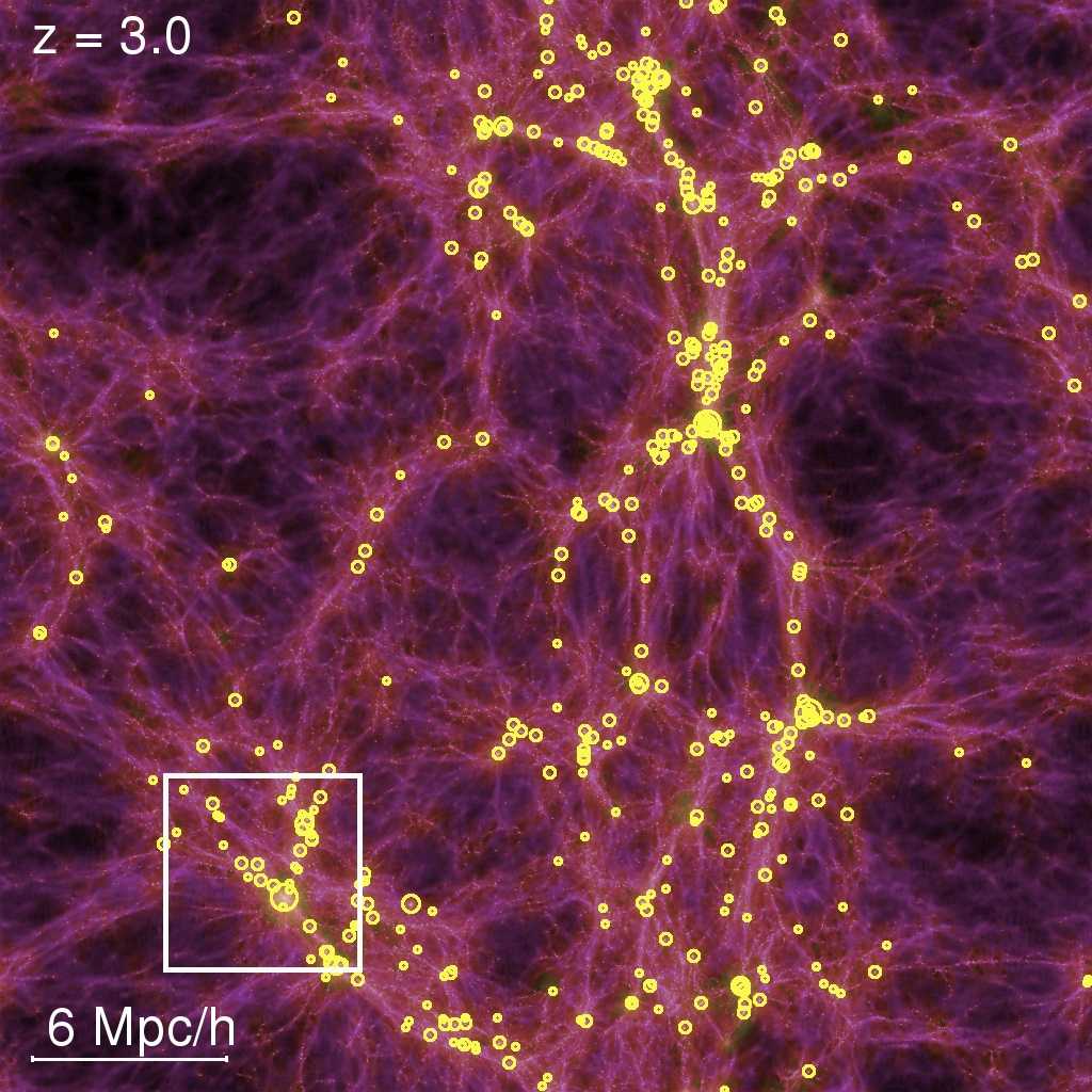 Zoom sur la simulation. En jaune, la localisation des trous noirs dans les amas de galaxies répartis dans des zones formant des filaments. Crédit : Tiziana Di Matteo