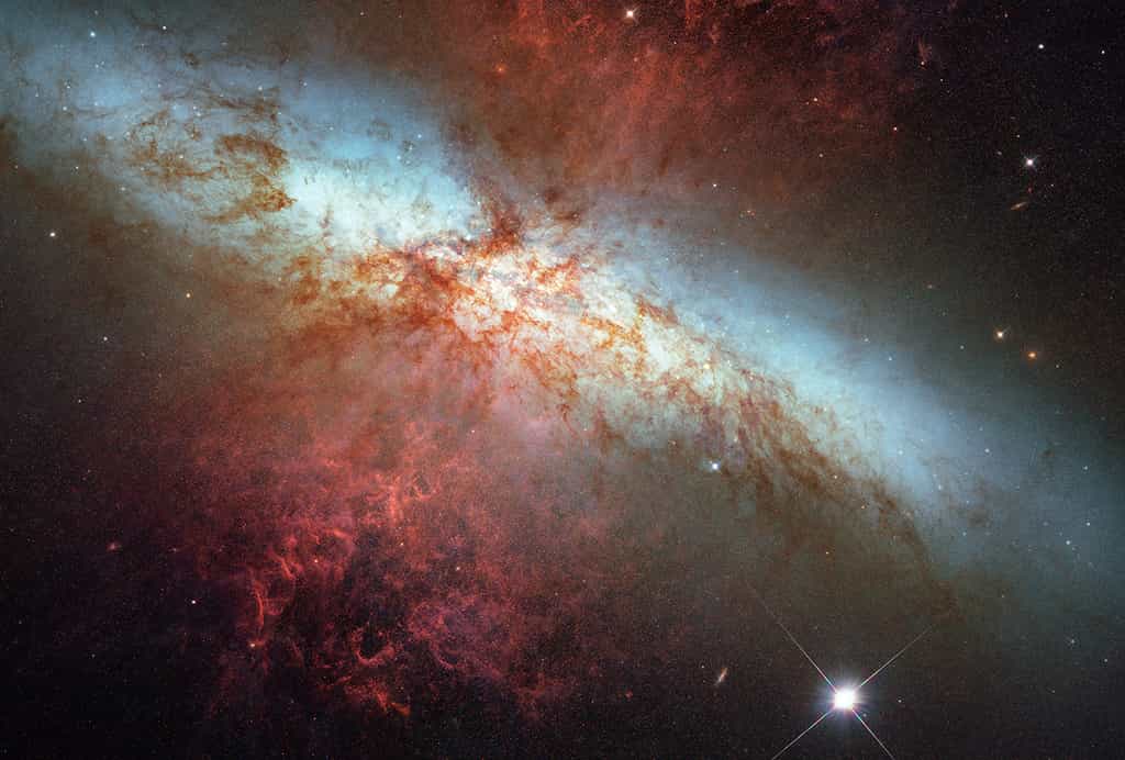 Superposée à la mosaïque d’images acquises en 2006 par la caméra ACS (Advanced Camera for Surveys) du télescope spatial Hubble, on découvre la supernova SN 2014J capturée dans le visible par WFC3 (Wide Field Camera 3) le 31 janvier 2014. Située à 11,5 millions d’années-lumière de la Terre, la supernova se montre donc à nous avec 11,5 millions d’années de retard. © Nasa, Esa, A. Goobar, Hubble Heritage (STScI/Aura)