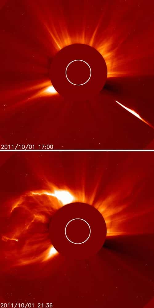 Deux images montrant (en haut) l'arrivée de la comète sur le Soleil suivie (en bas) d'une éjection de masse coronale. © Nasa/Soho