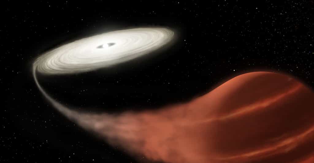 Cette illustration montre une nova naine nouvellement découverte, dans lequel une étoile naine blanche aspire de la matière de sa compagne naine brune. Tel un vampire. Le matériau s’accumule dans un disque d’accrétion jusqu’à la survenue d’une super-explosion observée par des chercheurs de la Nasa (États-Unis). © L. Hustak, STScl, Nasa