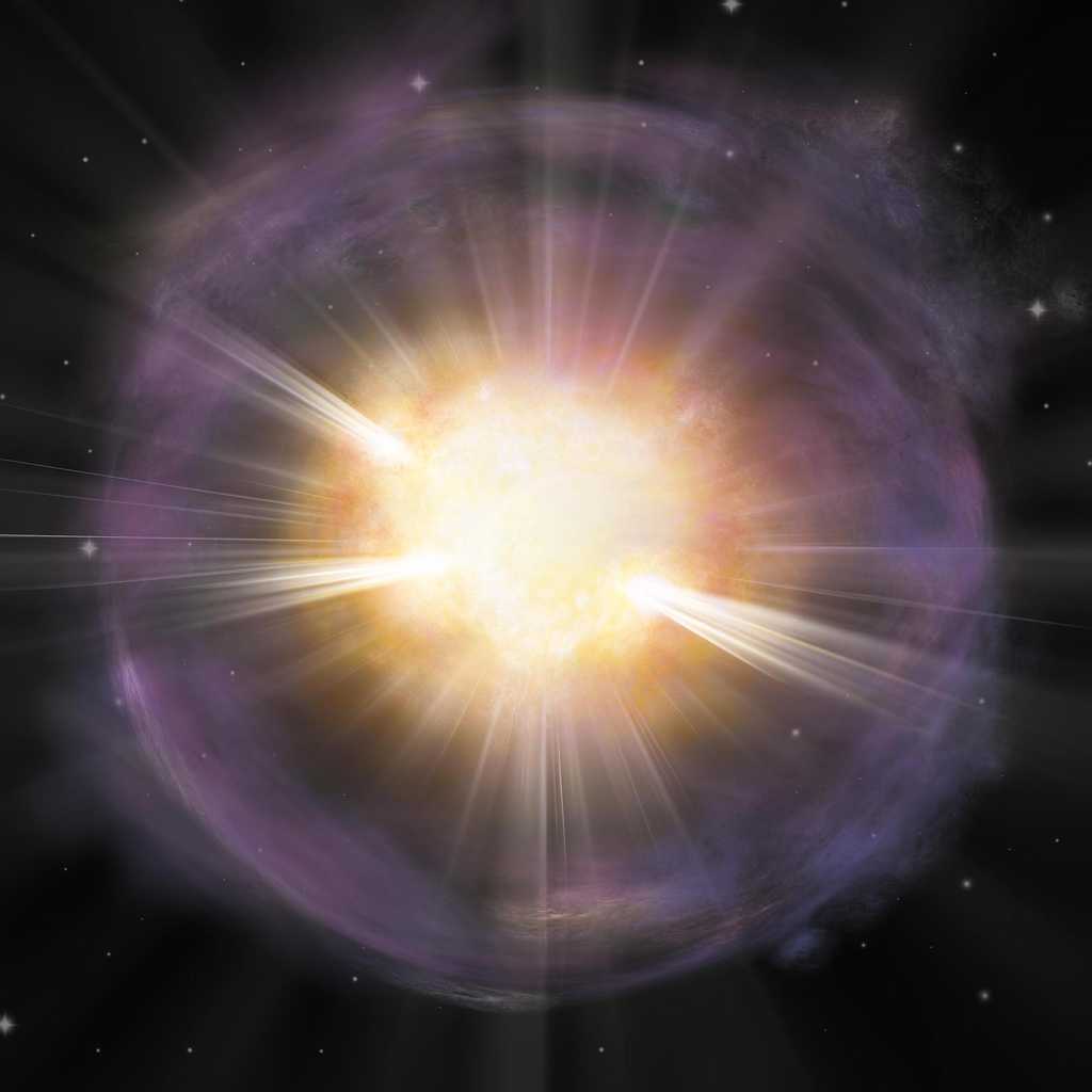 Des chercheurs expliquent comment l’explosion d’une étoile en supernova peut produire le calcium essentiel à nos os. Sur cette vue d’artiste, la supernova SN 2019ehk. Le matériau riche en calcium apparaît en orange. En violet, une couche de gaz rejetée par l’étoile juste avant son explosion. © Aaron M. Geller, Université Northwestern