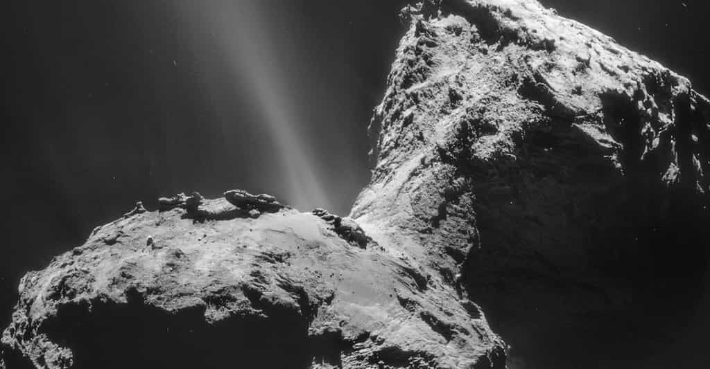 Un sursaut d’activité a été observé par chance par la sonde Rosetta le 19 février 2016 dans la région d’Atum, sur le plus grand des deux lobes de la comète Tchouri. Ici, la comète est photographiée avec la NavCam de Rosetta le 31 janvier 2015 (mosaïque de 4 images). Depuis de longs mois, l’activité la plus forte est observée dans la région du cou. © Esa, Rosetta, NavCam – CC BY-SA IGO 3.0