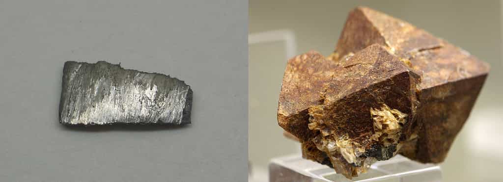 Le terbium (à gauche) est présent dans différents minéraux, notamment le xénotime (à droite). © W. Oelen, Wikimedia Commons, CC by-sa 3.0 et Elke Wetzig Elya, Wikimedia Commons, CC by-sa 3.0
