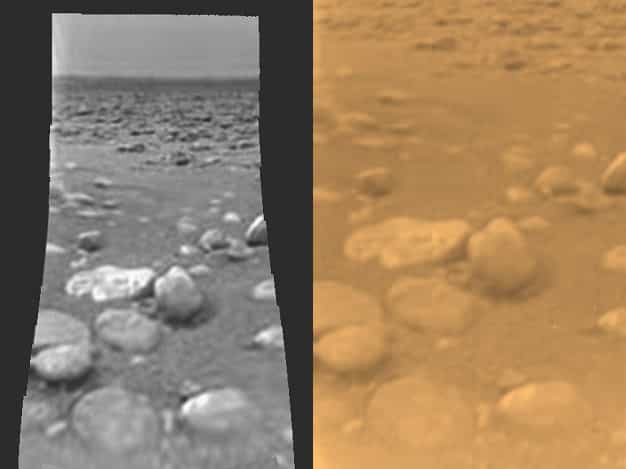 Le sol de Titan vu par la sonde européenne Huygens lors de son atterrissage en janvier 2005. Crédits Esa / Nasa / JPL / University of Arizona