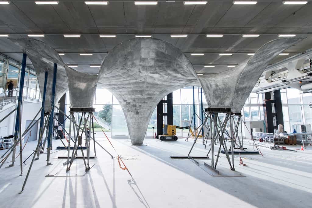 Le prototype de toit en béton créé par l’ETH Zurich sera refabriqué à l’identique sur le toit de l’immeuble du laboratoire NEST à Dübendorf (Suisse). © Block Research Group, ETH Zurich, Michael Lyrenmann