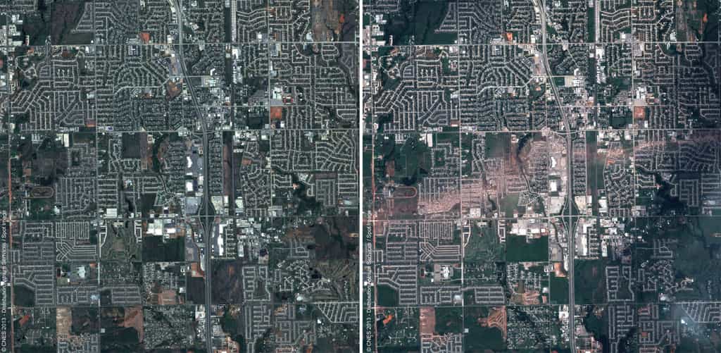 La ville de Moore avant et après le passage de la tornade géante le 20 mai. Chaque image représente une surface de six à sept kilomètres de côté. © Cnes, Distribution Astrium Services, Spot Image, 2013