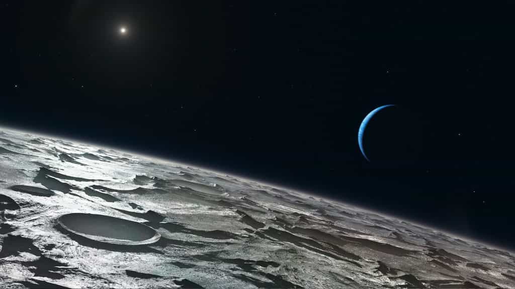 Cette vue d'artiste montre la surface de Triton modelée par le cryovolcanisme. Une atmosphère d'azote très ténue est enrichie par du méthane et du monoxyde de carbone libérés par sublimation, un phénomène bien présent malgré l'éloignement du Soleil. Dans quelques millions d'années, Triton, qui ne cesse de se rapprocher de Neptune, sera désintégré. Crédit Eso/L. Calçada
