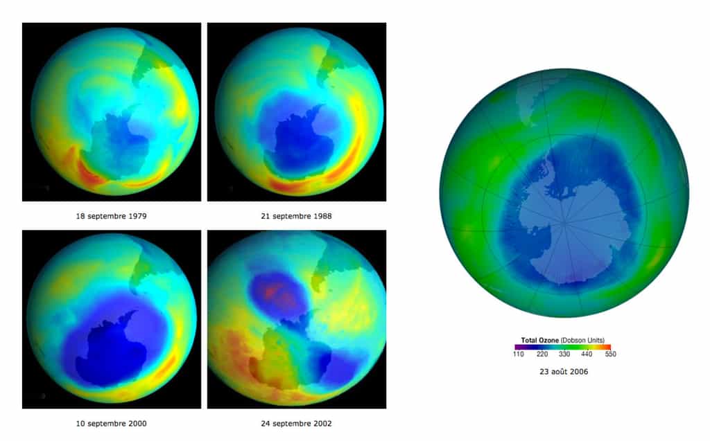 Évolution du trou dans la couche d'ozone au-dessus de l'Antarctique de 1979 à 2006. Le bleu, la couleur caractéristique du&nbsp;trou, signale les niveaux d'ozone les plus faibles. À l'inverse les couleurs orange et rouge sont le signe de niveaux élevés. Quant au vert, il signale des niveaux&nbsp;normaux. © NOAA/KNMI/Esa