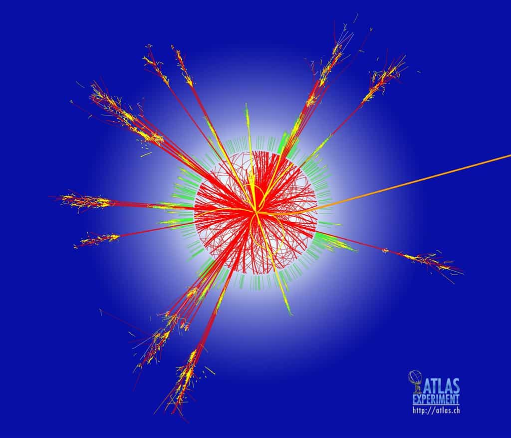 Cette trace est un exemple de simulation de données pour le détecteur Atlas sur le Grand collisionneur de hadrons (LHC) au Cern. Ces traces seraient produites si un mini-trou noir était créé dans une collision proton-proton. De tels trous noirs se désintégreraient instantanément en particules variées par le biais d'un processus connu sous le nom de rayonnement Hawking. Crédit : Cern