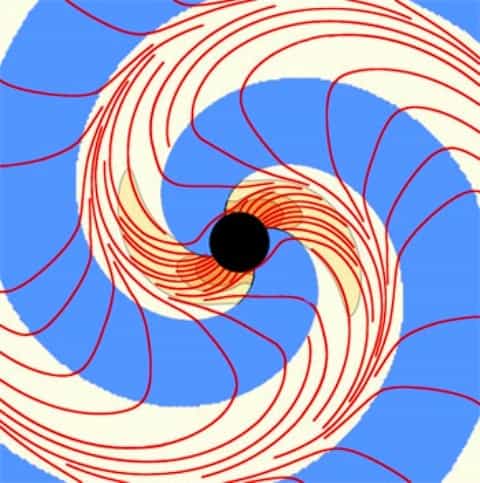 Lorsque deux trous noirs spiralent l'un vers l'autre en émettant des ondes gravitationnelles, les lignes de vorticité de l'espace-temps forment elles-mêmes des spirales s'éloignant du trou noir final créé par la fusion des deux trous noirs initiaux. © The Caltech/Cornell SXS Collaboration