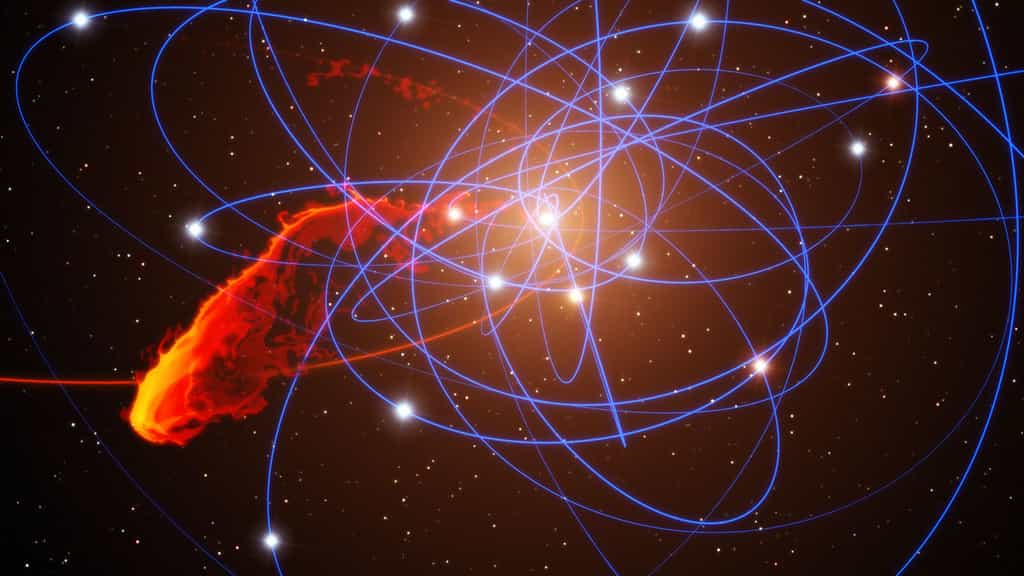 Une image d'artiste des étoiles et du nuage de gaz autour du trou noir central de la Voie lactée. © ESO/MPE/Marc Schartmann