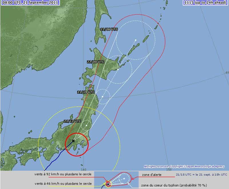 Le typhon Roke a atteint les côtes japonaises. L'Agence météo japonaise prévoit qu'il survolera les provinces de Fukushima et Tokyo.&copy; Japan Meteorological Agency, adaptation Futura-Sciences