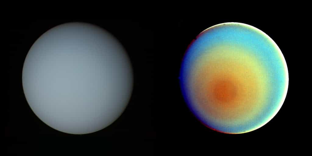 Uranus photographiée par la sonde Voyager 2 le 17 janvier 1986. L'image de droite est en fausses couleurs. © Nasa/JPL
