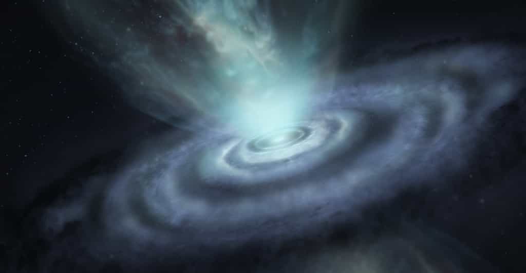 Une vue d’artiste de la drôle de structure en forme de sablier et des anneaux découverts par les astronomes de l’université de Californie à Los Angeles (UCLA) et du Jet Propulsion Laboratory (JPL) de la Nasa (États-Unis) à l’étoile mourante V Hydrae. © S. Dagnello (NRAO/AUI/NSF), Alma (ESO/NAOJ/NRAO)