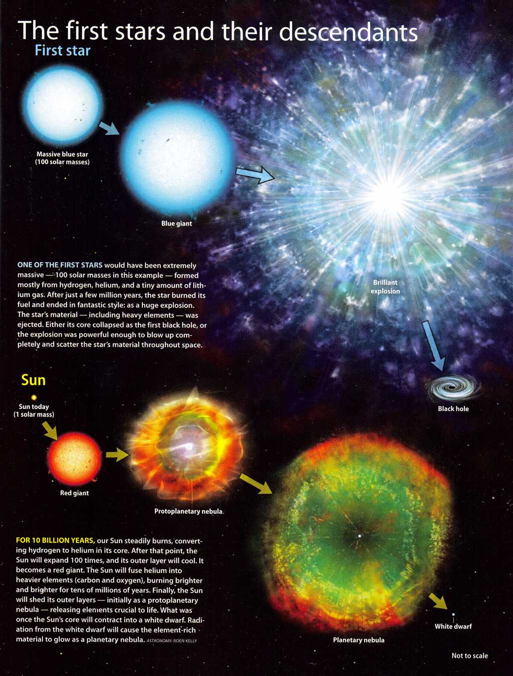 Evolution comparée classique d'une étoile massive de première génération, dite encore de population III, avec en bas celle du Soleil. Ces étoiles de population III sont très massives et brillent pendant quelques millions d'années tout au plus. Crédit : John D. Johnson
